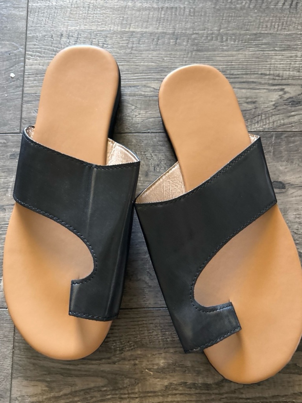 Women’s Black Slide Sandals with Tan Footbed - Casual Slip-On